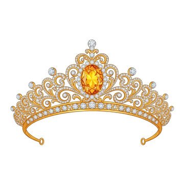 Golden royal crown with large amber gemstone and diamonds isolated on transparent background for luxury illustration