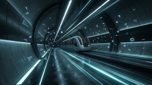 Futuristic high speed train moving through a glowing neon illuminated transit tunnel
