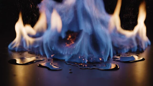 Ethereal blue and orange flames ignite and grow across a dark reflective surface with dramatic cinematic motion