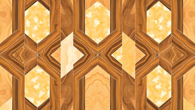 Luxury Seamless Geometric Pattern with Honey Alabaster Burled Walnut Wood and Champagne Gold Inlay for Interior Design Wallpaper and Background