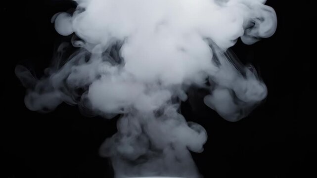 Expanding white smoke cloud in six stages against black background cinematic motion