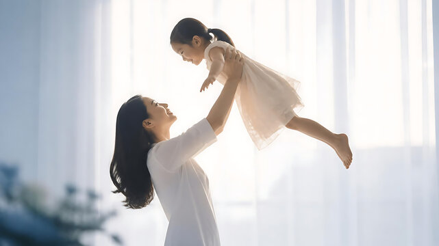 Elegant silhouette of a mother lifting her young child gently into the air near a sunlit window, soft glowing backlight, dreamy pastel blue and ivory atmosphere, joyful unconditional love