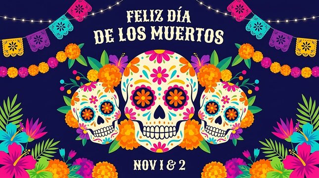 Dia de los muertos background with sugar skulls and floral ornaments celebration background