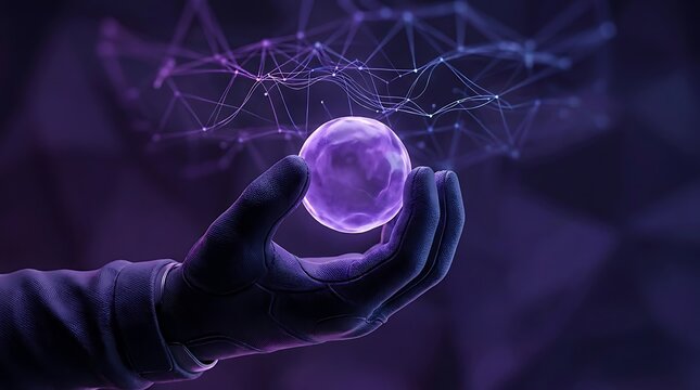 Hand holding a glowing violet digital sphere with network connection nodes