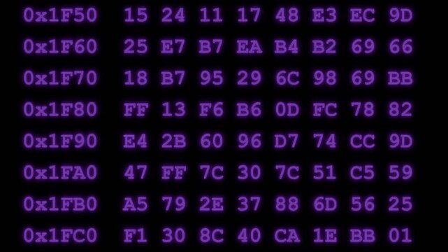 Digital Hexadecimal Data Stream Scrolling on Computer Screen.