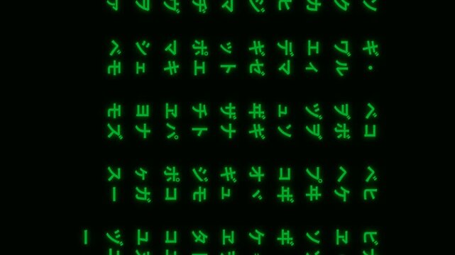 Digital Matrix Style Falling Japanese Katakana Characters Background Animation.