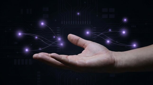 Human hand interacting with glowing digital cyber nodes and network connections