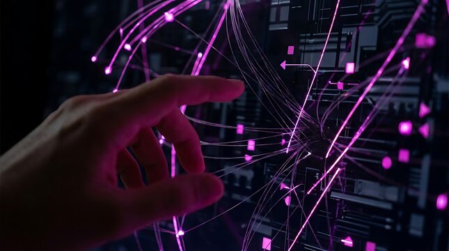 Human hand touching glowing purple digital network data interface