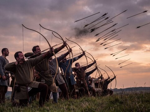Medieval Archers Firing Arrows in Formation During Sunset