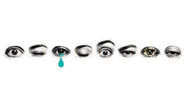 Set of hand drawn eyes with one crying eye illustration on white background