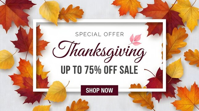 Thanksgiving sale banner with colorful autumn maple leaves on a white wooden background featuring a seventy five percent discount offer