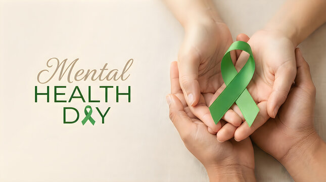 Hands holding a green ribbon for mental health awareness day as a symbol of support and compassion for people struggling with mental illness issues