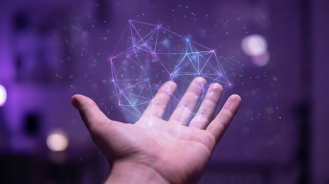 Human hand interacting with a glowing purple digital holographic network