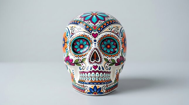 Ornate sugar skull calavera decorated with colorful floral motifs on neutral background, calavera
