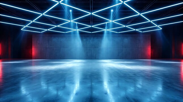 Empty industrial warehouse interior with concrete floor, blue neon geometric ceiling lights and red accent lighting on the walls, futuristic stage background for product display