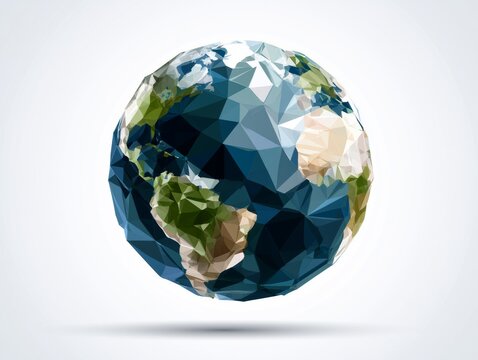 Minimal polygon earth sphere floating on white background, geometric low poly design, clean corporate infographic style, modern vector illustration concept. 