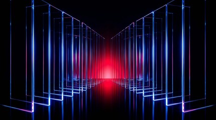 Obraz premium Abstract futuristic corridor with glowing blue neon light frames and red light at the end, digital technology background, 3d render
