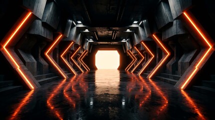 Obraz premium Futuristic scifi corridor with glowing orange neon lights and dark concrete walls, leading to a bright light at the end of a tunnel, 3d rendered interior