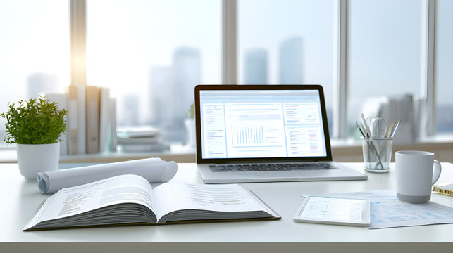 Enterprise technology workspace with data lineage documents and digital catalog on tablet, wide angle perspective, morning window light, no people