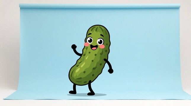 Smiling cartoon pickle dances joyfully. Green anthropomorphic vegetable character waves happily. This cute, funny illustration uses a bright blue background for a cheerful vibe.