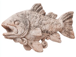 Obraz premium Stone Carving Of A Fish Sculpture Isolated On White Background With Textured Detail