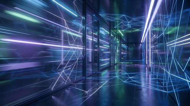 Futuristic digital corridor with glowing neon light lines and data streams