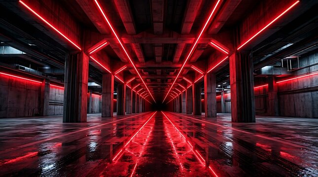 Futuristic underground parking garage with red neon lights, industrial concrete architecture, wet reflective floor, dark tunnel perspective, scifi cyberpunk style interior