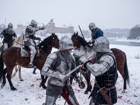 Medieval Knights in Full Armor Engage in a Sword Fight on Horseback Amidst a Snowy Landscape with a Castle