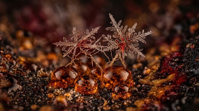 Imagined Bromine Frost Crystals Suspended Above Amber Liquid Droplets