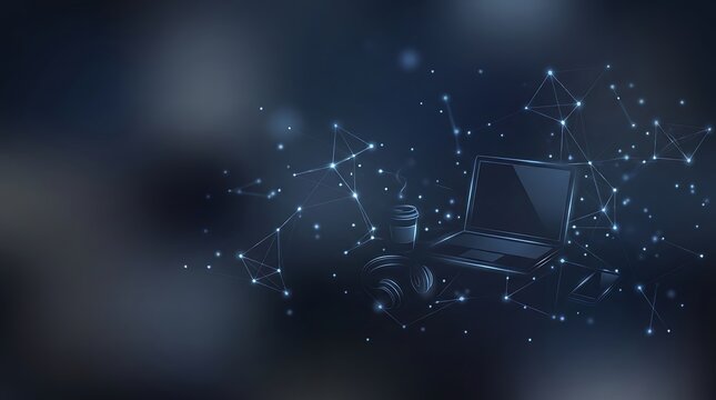 Laptop computer silhouette with glowing digital network particles and data connection