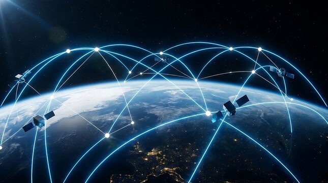 Global satellite network orbiting Earth for worldwide internet communication and data connectivity