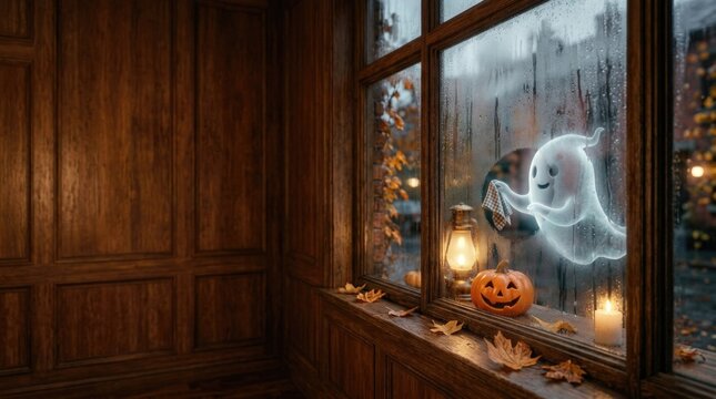 A spooky ghost appearing in a dark window with a carved jack o lantern and candles at night