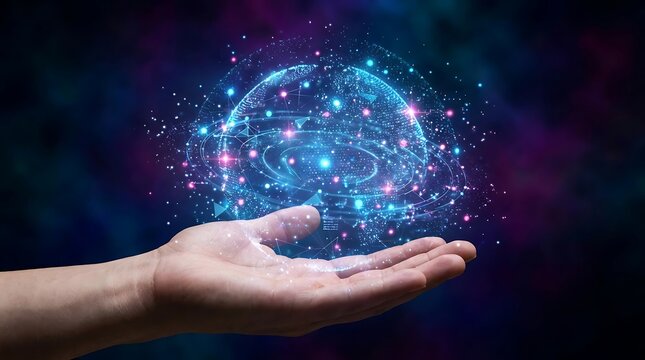 Human hand holding a glowing digital universe and abstract galaxy sphere
