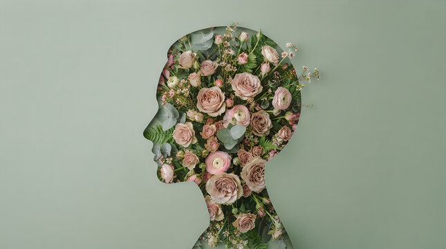 A conceptual artistic representation of a human head profile filled with colorful blooming flowers and green leaves isolated against a soft light green background