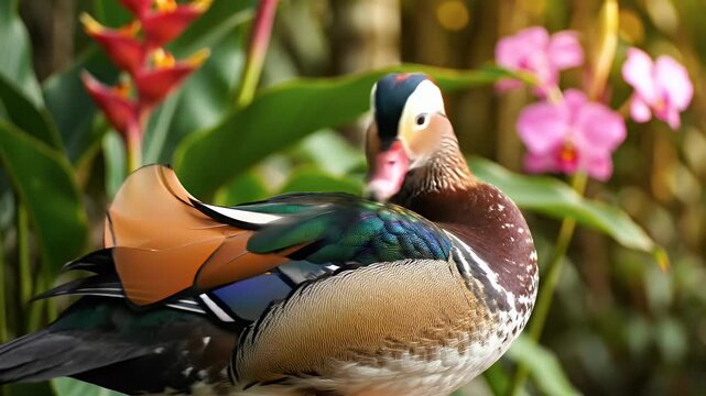 Close-up of a colorful mandarin duck with intricate plumage and vibrant pink orchids in the background, nature and wildlife