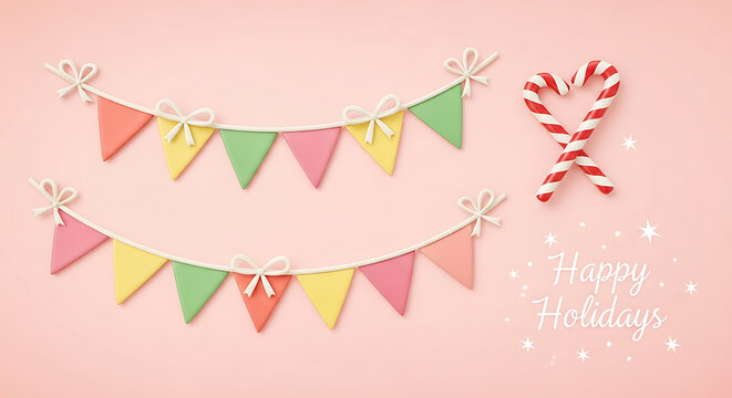 Festive Christmas bunting and candy canes on a pastel background for a joyful holiday celebration and cute festive decoration