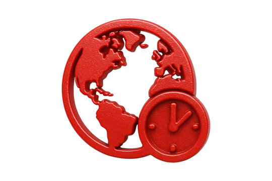 Red Global World Clock Time Management Concept Isolated on a Transparent Background