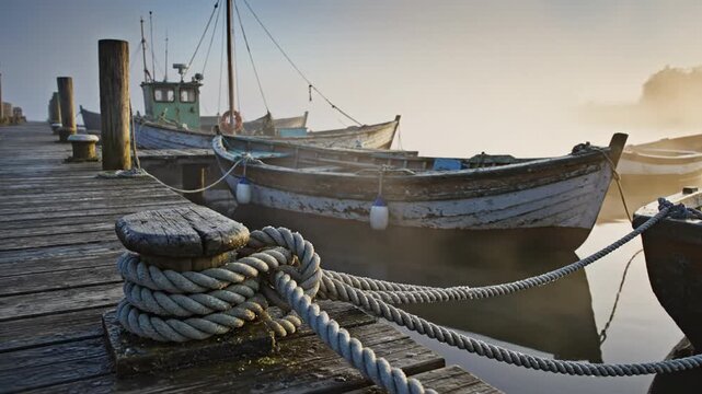 Serene Morning at the Harbor - Fishing Boats Docked at Sunrise.