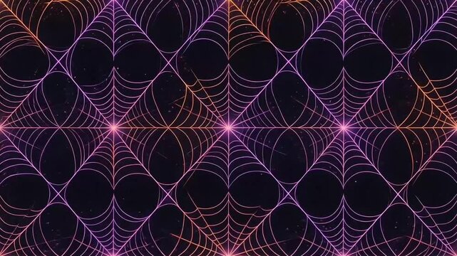 Seamless glowing neon spider web pattern in purple and orange on dark background