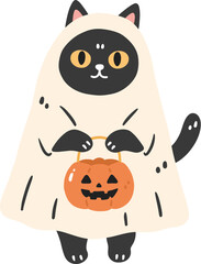 Obraz premium Ghost cat black cat halloween costume pumpkin bucket cartoon style cute animal spooky theme white robe masked face trick or treat