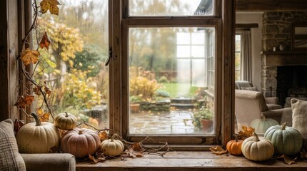 Fototapeta premium Cozy autumn scene looking through a window with pumpkins and fall foliage