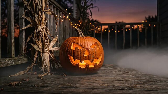 Creepy carved glowing jack-o-lantern pumpkin resting on ground by a rustic wooden fence at dusk