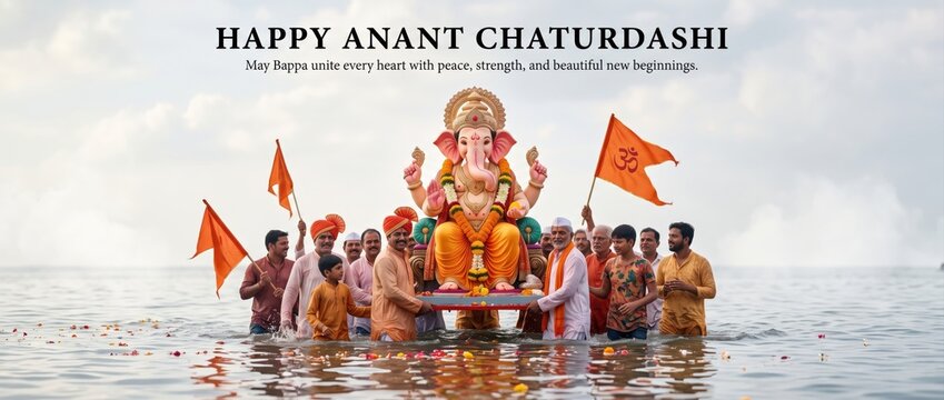 Devotees carrying a large ganesha idol into the sea for immersion during the anant chaturdashi festival, featuring orange flags and traditional indian attire
