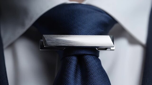 Close-up of a man's navy blue tie secured with a sleek silver tie clip, emphasizing formal attire and business style.