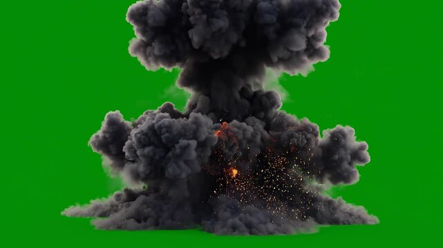 Explosion mushroom cloud with debris and smoke rising during a cinematic event against a green screen background