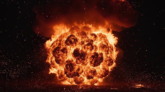 Explosion sequence in darkness with fiery particles and smoke during a cinematic unfolding event