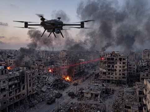 Military Drone Over War-Torn Cityscape with Laser Targeting and Smoke
