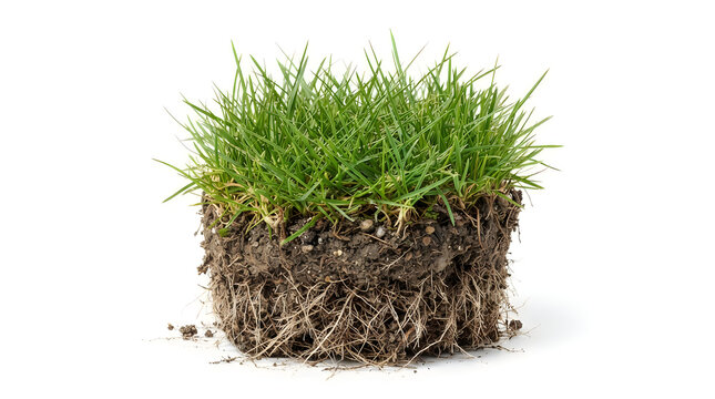 Small clump of green grass with exposed soil and roots isolated on white