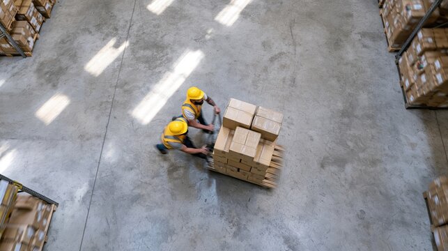 The Pallet Load Being Moved by Warehouse Workers in a Busy Aisle