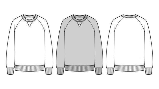 Raglan Sweatshirt technical fashion illustration with V-stitch detail. Crew neck active sweater, fashion flat technical drawing template, front and back view, white, grey, men women unisex cad mockup 